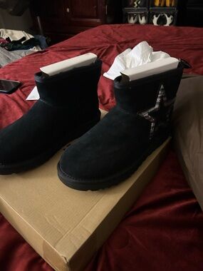 UGG Black Suede Short Booties with Silver Star Patch